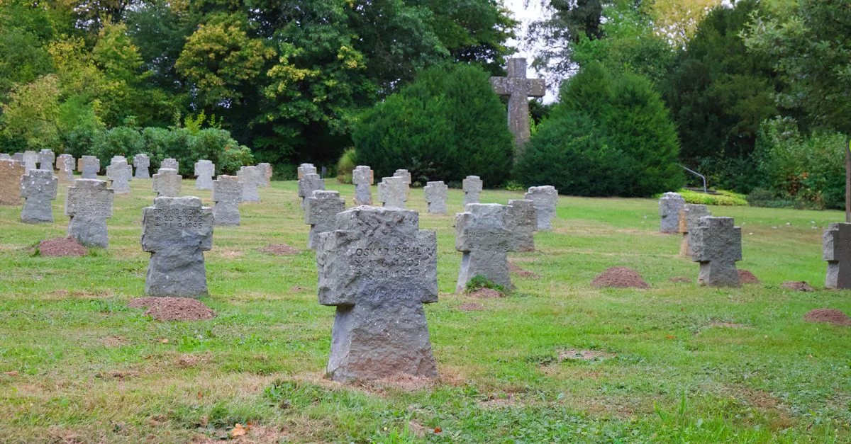 Des croix de pierre se dressent dans un cimetière luxuriant et serein entouré de verdure.