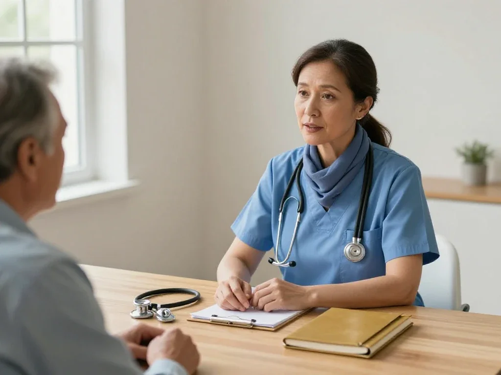 Une médecin sénior échange avec bienveillance lors d'une consultation pour le suivi de santé.