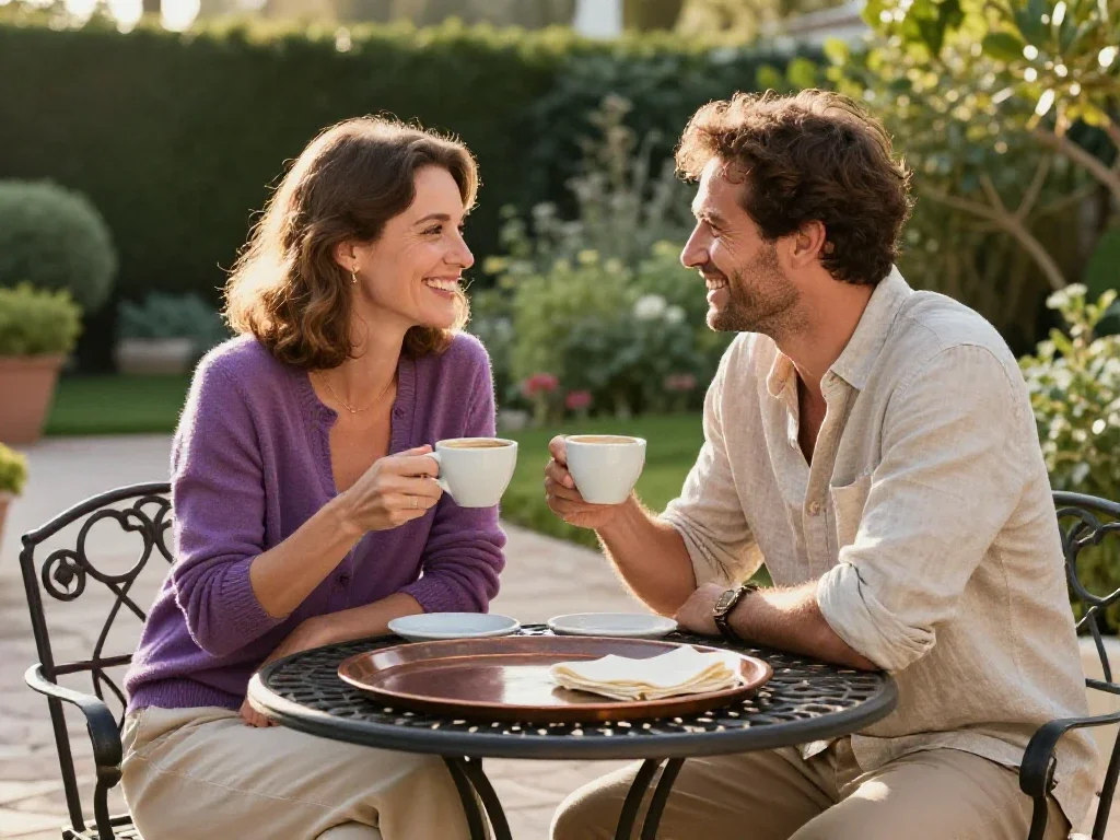 Couple de seniors complices partageant un café en terrasse sous une lumière dorée chaleureuse.