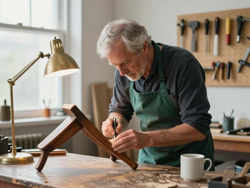 Un homme senior ponce avec soin un meuble en bois, illustrant un loisir créatif épanouissant.